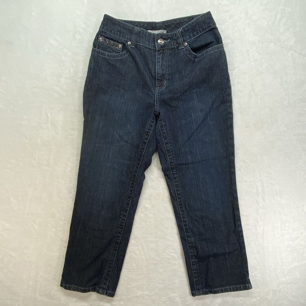 Chicos Platinum Denim jeans Womens 0 Small Ultimate Fit dark capri embellished